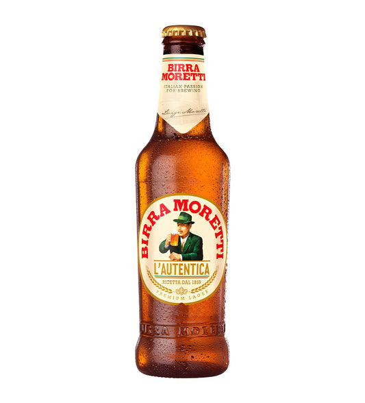 Birra Moretti beer bottle with label on a white background