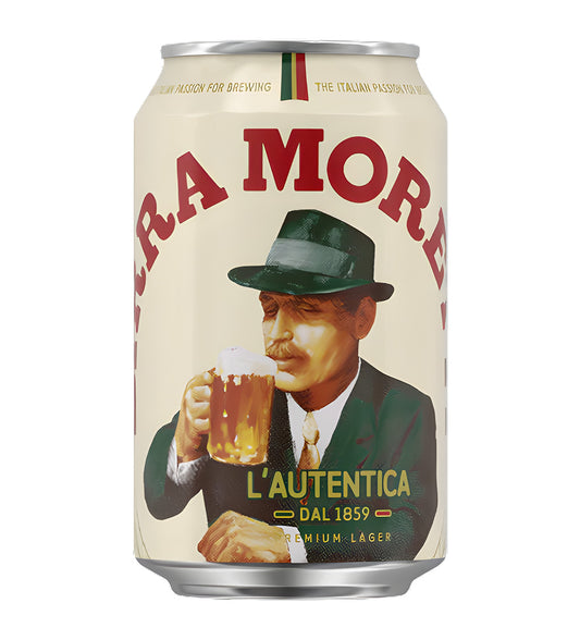 Beer can with vintage design featuring a man holding a beer, on a white background