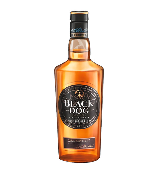 Black Dog Black Reserve Blended Scotch Whisky 75cl clear glass bottle on white background, rich amber spirit with black and gold label featuring brand crest and logo