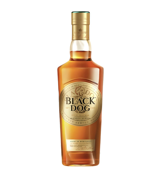 Black Dog Triple Gold Reserve Blended Scotch Whisky 75cl clear glass bottle on white background, golden amber spirit with elegant black and gold label featuring brand crest and logo