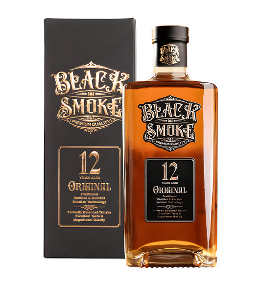 Black Smoke Whisky 1L clear glass bottle on white background, golden amber spirit with black and silver label featuring bold smoke-themed design and brand logo