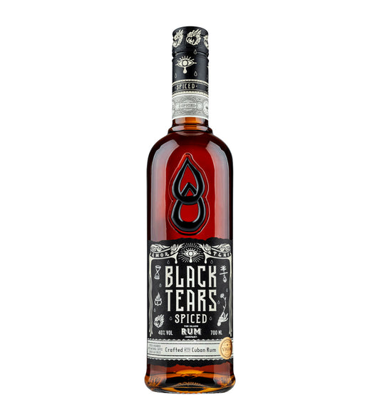 Black Tears Spiced Rum 70cl dark glass bottle on white background, black label with orange accents and brand logo