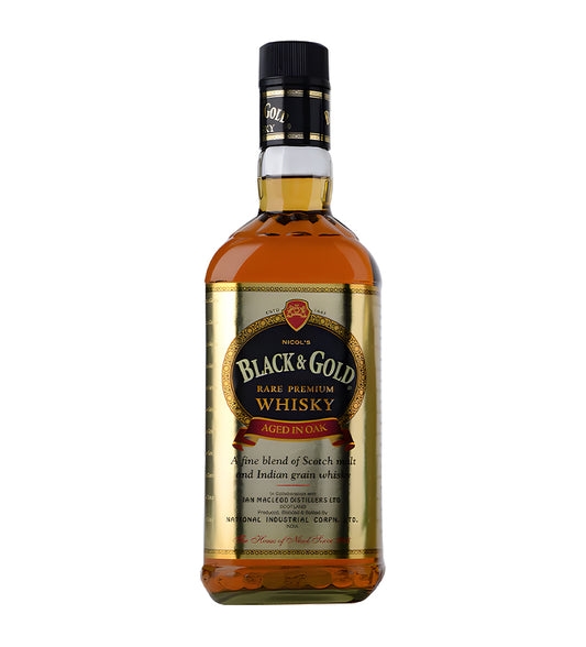 Black & Gold Whisky 75cl clear glass bottle on white background, golden amber spirit with black and gold label featuring brand crest and logo