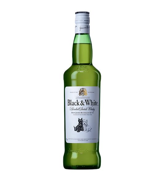 Black & White Blended Scotch Whisky 1L clear glass bottle on white background, golden amber spirit with cream and green label featuring two terrier dog mascots and brand logo