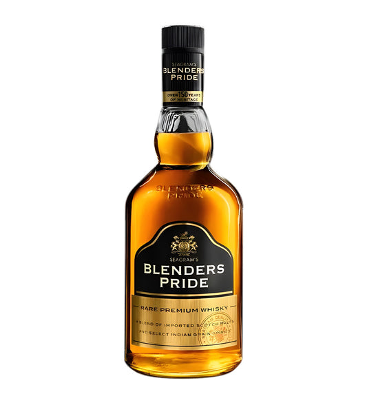 Blenders Pride Rare Premium Whisky 18cl clear glass bottle on white background, golden amber spirit with black and gold label featuring brand crest and logo