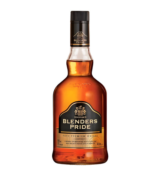 Blenders Pride Rare Premium Whisky 75cl clear glass bottle on white background, golden amber spirit with black and gold label featuring brand crest and logo