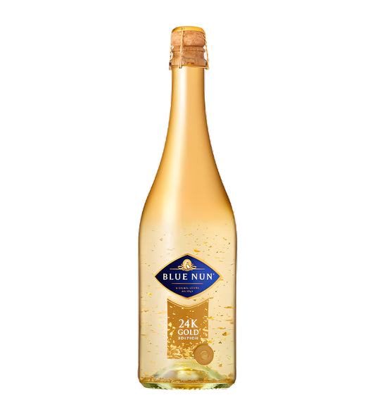 Bottle of Blue Nun 24K Gold Edition on a white background
