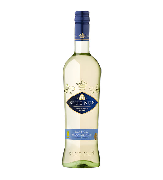 Blue Nun bottle of white wine on a white background