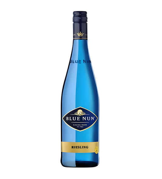 Blue Nun Riesling wine bottle on a white background