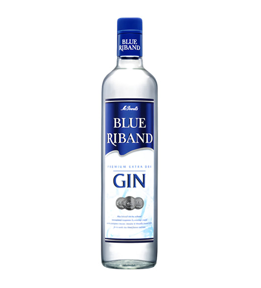 Blue Riband London Dry Gin 75cl clear glass bottle on white background, blue and white label with brand logo.