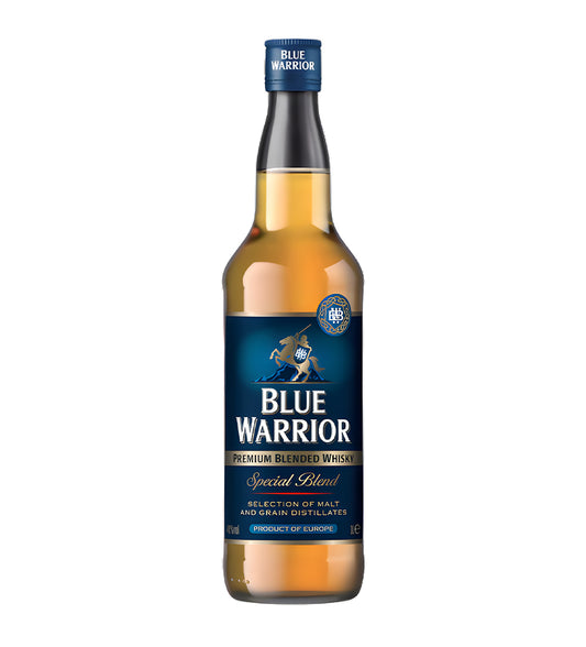 Blue Warrior Whisky 1L clear glass bottle on white background, golden amber spirit with blue and gold label featuring warrior emblem