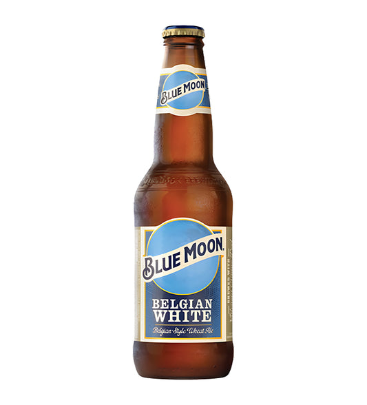Blue Moon Belgian-style wheat ale in a 33cl glass bottle on white background