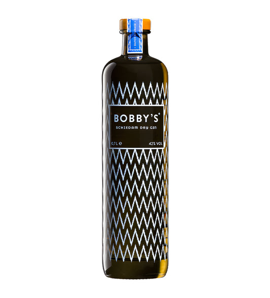 Bobby's gin bottle with black and white patterned label on white background, premium Dutch gin in clear glass.