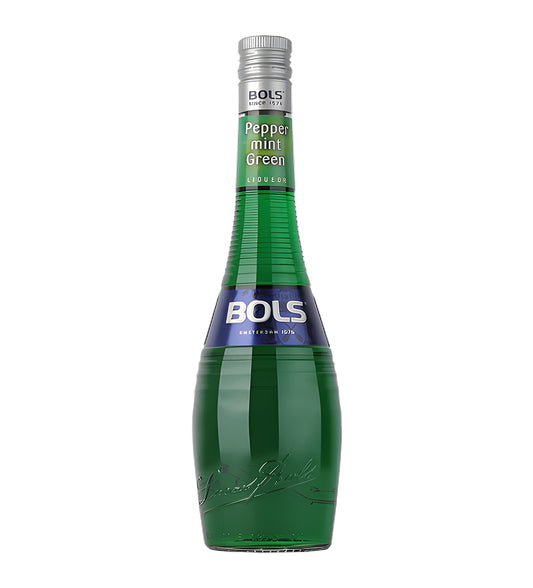 Green bottle of Bols Peppermint Green liqueur on a white background