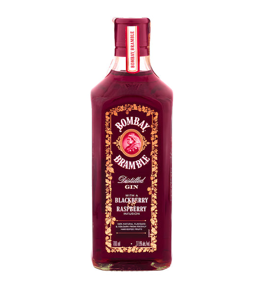Bombay Bramble blackberry and raspberry gin bottle on white background, deep red glass with fruit imagery on label.