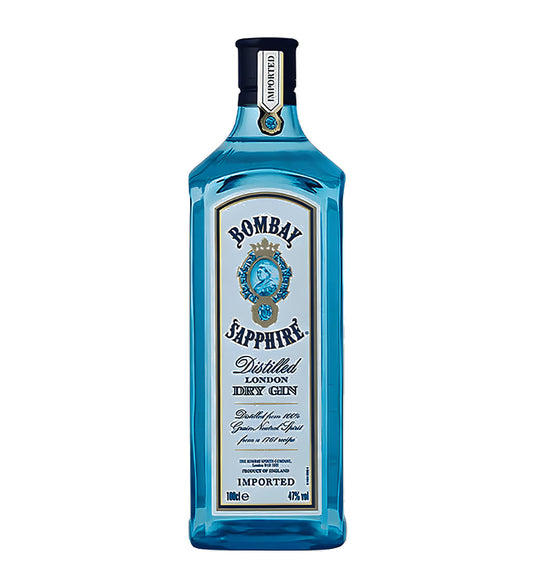 Bombay Sapphire London Dry Gin 1L blue glass bottle on white background, detailed label with botanical illustrations