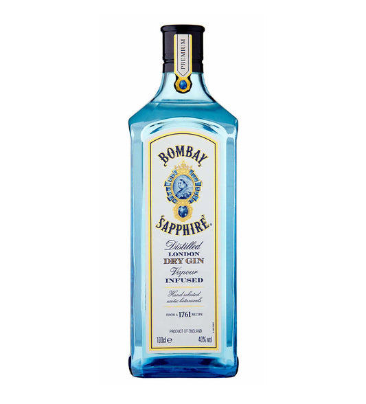 Bombay Sapphire London Dry Gin 75cl blue glass bottle on white background, ornate label with botanical illustrations