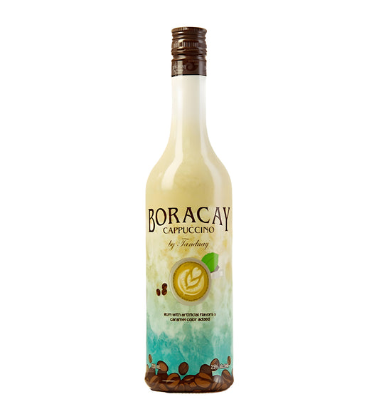 Boracay Cappuccino White Rum 75cl frosted glass bottle on white background, cream label with coffee bean imagery and brand logo