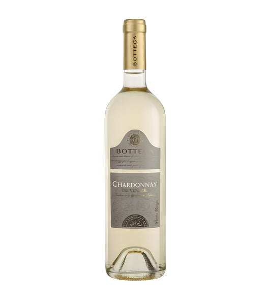 Bottega Chardonnay white wine 75cl bottle with elegant label on white background