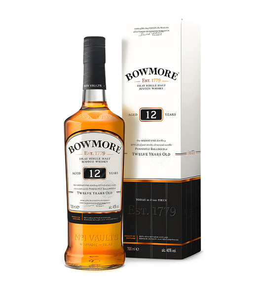 Bowmore 12 Years Islay Single Malt Scotch Whisky 70cl clear glass bottle on white background, golden spirit with white and black label featuring distillery crest