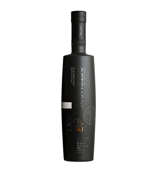 Bruichladdich Octomore Single Malt Scotch Whisky 70cl matte black bottle on white background, bold white text label with age and edition details