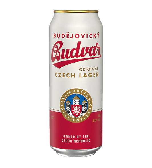Budvar Czech lager beer can 50cl, 5% ABV, silver and red design on white background