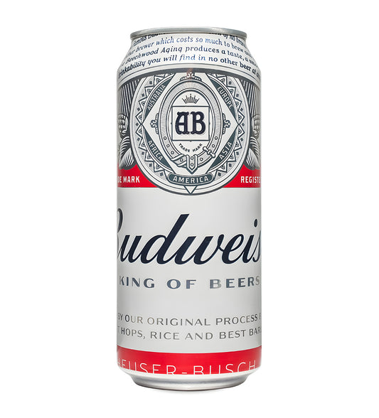  Budweiser lager beer 47.3cl can on white background, classic red and white design with brand logo