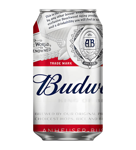 Budweiser lager beer 35.5cl can on white background, classic red and white design with brand logo