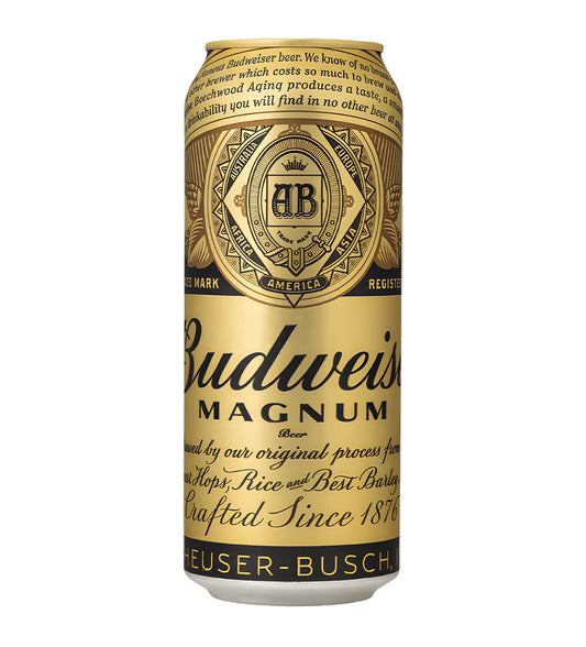 Budweiser Magnum beer can with gold and black design on a white background