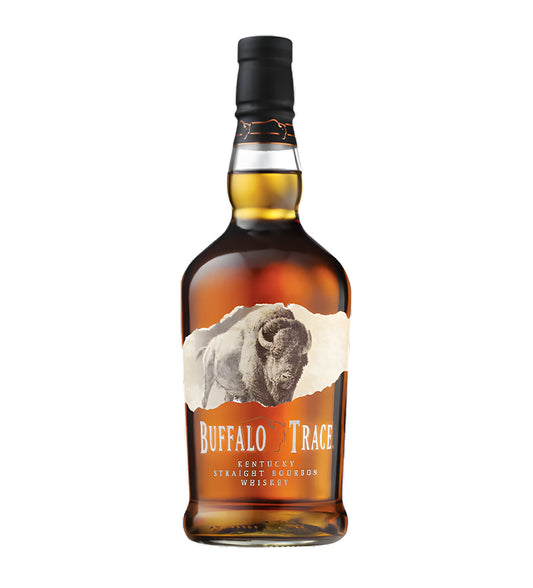 Buffalo Trace Kentucky Straight Bourbon 75cl clear glass bottle on white background, amber spirit with cream and green label featuring buffalo illustration and brand logo