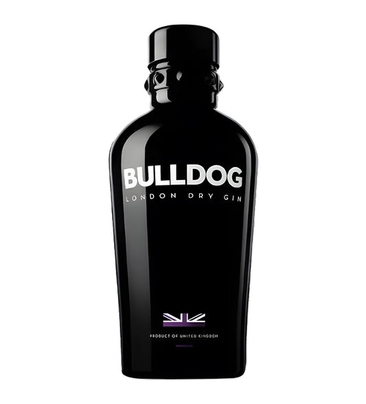 Bulldog London Dry Gin 75cl black glass bottle on white background, minimalist silver and white label with bold logo