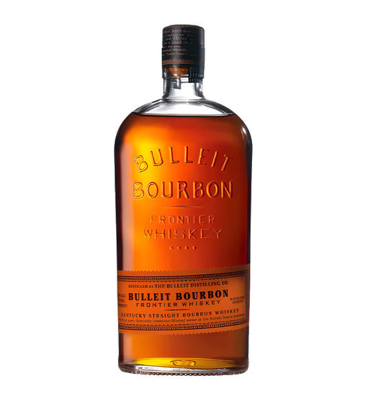 Bulleit Bourbon Frontier Whiskey 1L clear glass bottle on white background, rich amber spirit with embossed brand name and orange label