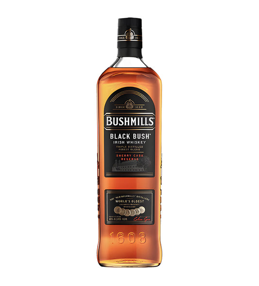 Bushmills Black Bush Irish Whiskey 70cl dark glass bottle on white background, deep amber spirit with black and gold label featuring brand crest