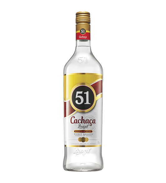 Cachaça 51 Pirassununga Brazilian white rum 75cl clear glass bottle on white background, white and gold label with red accents and brand logo