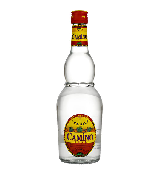  Camino Tequila Silver 75cl clear glass bottle on white background, clear spirit with blue and silver label featuring agave imagery