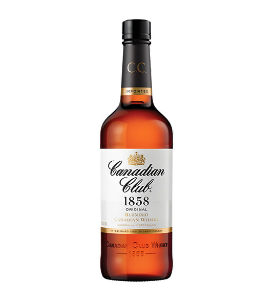 Canadian Club Original Blended Whisky 1L clear glass bottle on white background, golden spirit with white and gold label featuring brand crest