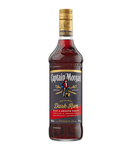 Captain Morgan Black Label dark rum 75cl dark glass bottle on white background, black and gold label with pirate logo