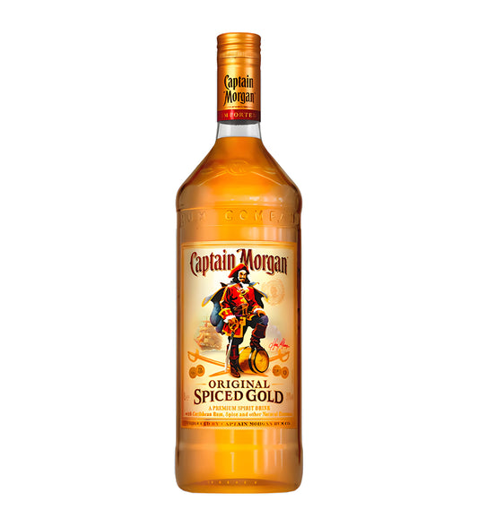 Captain Morgan Spiced Gold Rum 1L clear glass bottle on white background, golden spirit with cream and gold label featuring pirate logo
