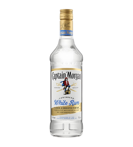 Captain Morgan White Rum 70cl clear glass bottle on white background, white and silver label with pirate logo