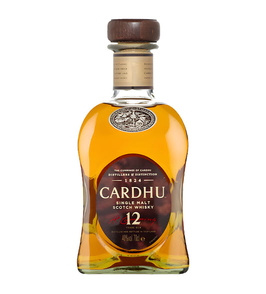 Cardhu 12 Years Old Single Malt Scotch Whisky 70cl clear glass bottle on white background, golden amber spirit with cream and gold label featuring distillery crest