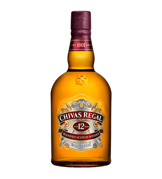 Chivas Regal 12 Years Blended Scotch Whisky 1L clear glass bottle on white background, golden amber spirit with red and gold label featuring brand crest