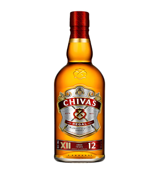 Chivas Regal 12 Years Blended Scotch Whisky 20cl clear glass bottle on white background, golden amber spirit with red and gold label featuring brand crest