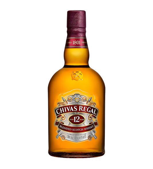 Chivas Regal 12 Years Blended Scotch Whisky 75cl clear glass bottle on white background, golden amber spirit with red and gold label featuring brand crest
