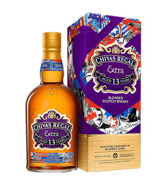 Chivas Regal 13 Years Extra Bourbon Blended Scotch Whisky 75cl clear glass bottle on white background, golden amber spirit with red and gold label featuring brand crest and bourbon cask finish detailing