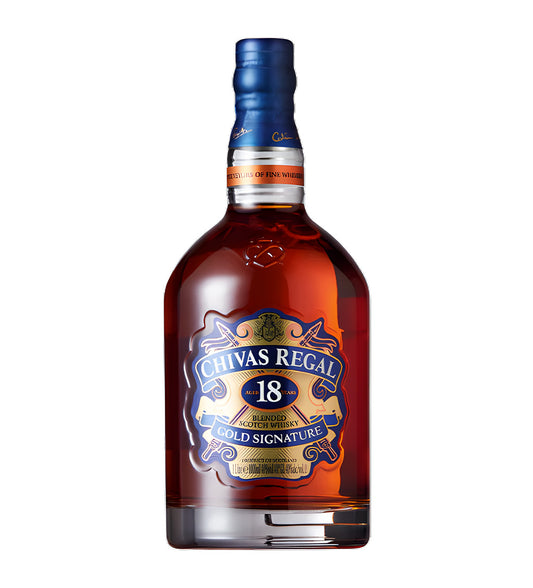 Chivas Regal 18 Years Blended Scotch Whisky 1L clear glass bottle on white background, deep amber spirit with blue and gold label featuring brand crest