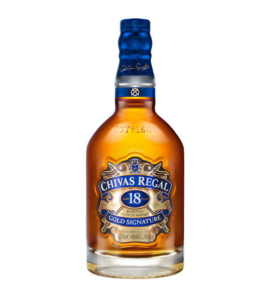 Chivas Regal 18 Years Blended Scotch Whisky 75cl clear glass bottle on white background, rich amber spirit with blue and gold label featuring brand crest
