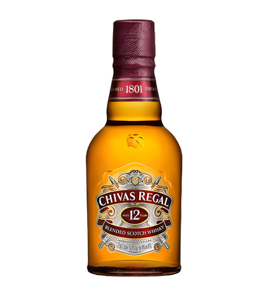 Chivas Regal 12 Years Blended Scotch Whisky 37.5cl clear glass bottle on white background, golden amber spirit with red and gold label featuring brand crest