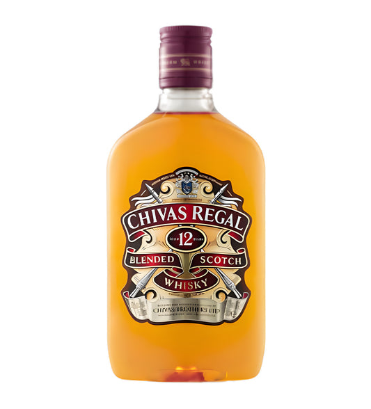 Chivas Regal 12 Years Blended Scotch Whisky 50cl clear glass bottle on white background, golden amber spirit with red and gold label featuring brand crest