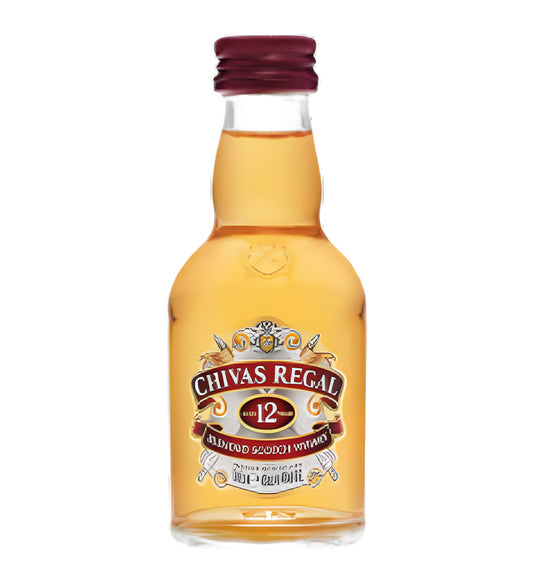 Chivas Regal 12 Years Blended Scotch Whisky 5cl mini clear glass bottle on white background, golden amber spirit with red and gold label featuring brand crest