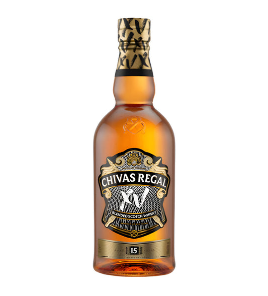Chivas Regal XV Blended Scotch Whisky 1L clear glass bottle on white background, golden amber spirit with black and gold label highlighting cognac cask finish
